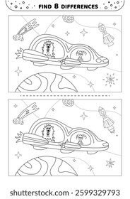 Find 8 differences. Black and white. Spacecraft with aliens in space. Game for kids. Isolated vector illustration eps 10