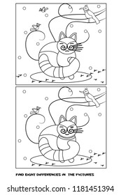 Find 8 differences (cat). 
Black and white page for coloring for preschool children.
The bright red cat closed his eyes. Birds fly over his head.