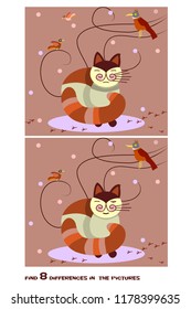 Find 8 differences (cat). 
The bright red cat closed his eyes. Birds fly over his head