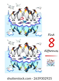 Find 8 differences. Drawing of a cute family of king penguins. Logic puzzle game for children and adults. Page for kids brain teaser book. Hand drawn flat vector illustration.