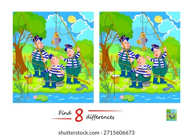 Encuentra 8 diferencias. Dibujo de divertidos marineros pescando en la orilla del río. Juego de puzzle de lógica para niños y adultos. Página para niños libro de bromista cerebral. Prueba de coeficiente intelectual. Ilustración vectorial plana dibujada a mano.