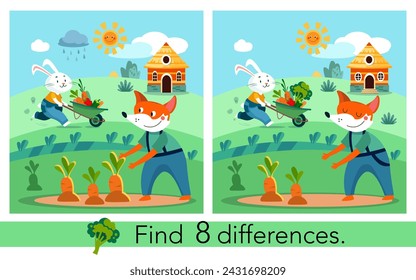 Encuentra 8 diferencias. Juego de rompecabezas educativo para niños. Lindo zorro plano de dibujos animados y conejo con verduras en carretilla. Granja y jardín, plantas. Ilustración plana vectorial.