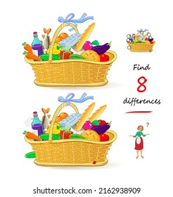 Encuentra 8 diferencias. Ilustración de la cesta de alimentos. Juego de rompecabezas lógico para niños y adultos. Página para niños libro teaser de cerebro. Desarrollando habilidades de conteo. Prueba de CI para la atención. Juega en línea. Imagen vectorial.