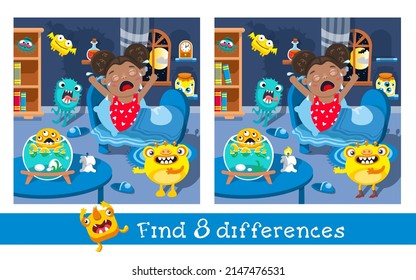 Find 8 differences. Game for children. Little girl and funny monsters. Cartoon character. Vector illustration.