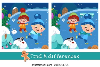 Find 8 differences. Game for children. Cute kids on forest skating rink. Vector hand drawn illustration.