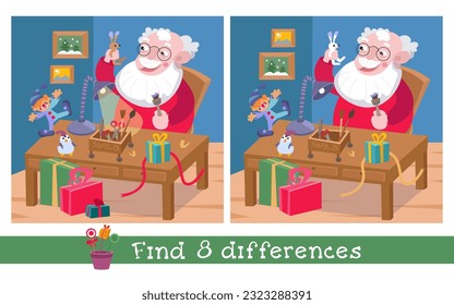 Find 8 differences. Game for children. Cute Santa Claus makes gifts. Christmas workshop with furniture, objects. Vector cartoon illustration. 