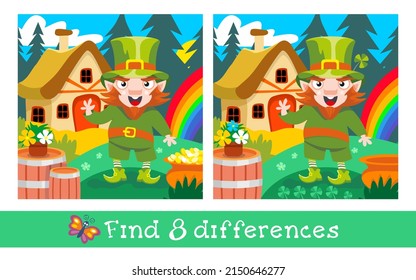 Encuentra 8 diferencias. Hoja de trabajo de juego para niños. Leprechaun con shamrock. Caricatura lindo personaje. Ilustración de color del vector. Cuento de hadas, foto de un hombre pequeño.