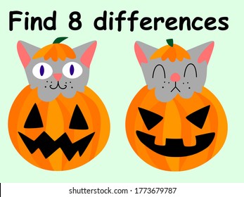 Find 8 differences halloween stock vector illustration. Funny grey cats in curved pumpkins. Simple colorful autumn worksheet for children. Educational october jack o lantern and kittens worksheet.