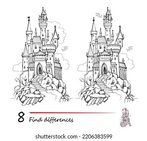 Find 8 differences. Illustration of ancient medieval castle. Logic puzzle game for children and adults. Page for kids brain teaser book. Developing counting skills. Vector drawing.