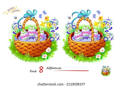 Find 8 differences. Illustration of basket with Easter eggs. Logic puzzle game for children and adults. Page for kids brain teaser book. Developing counting skills. IQ test. Play online. Vector image