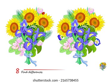 Find 8 differences. Illustration of a bouquet of flowers. Logic puzzle game for children and adults. Page for kids brain teaser book. Developing counting skills. IQ test. Play online. Vector image.