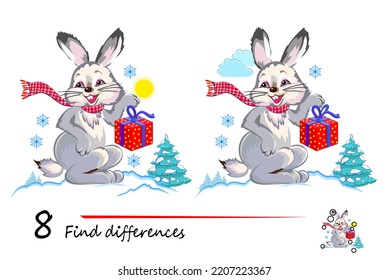 Find 8 Differences. Illustration Of Bunny With Christmas Gift. Logic Puzzle Game For Children And Adults. Page For Kids Brain Teaser Book. Developing Counting Skills. Vector Drawing.