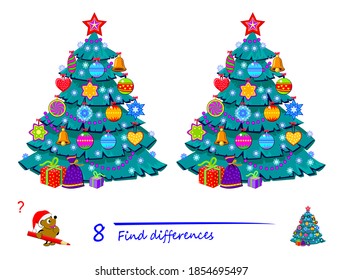 Find 8 Differences. Illustration Of Christmas Tree. Logic Puzzle Game For Children And Adults. Brain Teaser Book For Kids. Play Online. Developing Counting Skills. IQ Test. Memory Training For Seniors