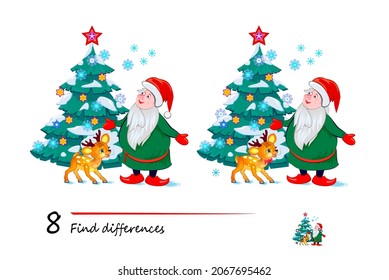 Finden Sie 8 Unterschiede. Illustration von Weihnachtsbaum und süßem Weihnachtsmann. Logic Puzzle Spiel für Kinder und Erwachsene. Seite für Kinder Gehirn Teaser Buch. Entwicklung von Zählfähigkeiten. IQ-Test. Spielen Sie online.