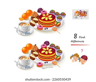 Find 8 differences. Illustration of cup of coffee and sweets. Logic puzzle game for children and adults. Page for kids brain teaser book. Developing counting skills. Vector drawing.