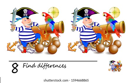 Find 8 differences. Illustration of cute pirate near the gun. Logic puzzle game for children and adults. Printable page for kids textbook. Developing counting skills. IQ test. Vector cartoon image.