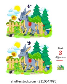 Find 8 differences. Illustration of cute donkey. Logic puzzle game for children and adults. Page for kids brain teaser book. Developing counting skills. IQ test. Play online. Vector image.