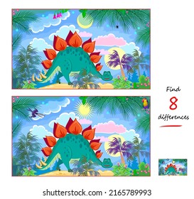 Find 8 differences. Illustration of cute dinosaur. Logic puzzle game for children and adults. Page for kids brain teaser book. Developing counting skills. IQ test. Play online. Vector image.