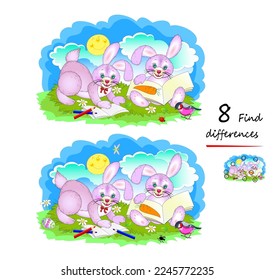 Find 8 differences. Illustration of cute Easter rabbits learning to read. Logic puzzle game for children and adults. Page for kids brain teaser book. Developing counting skills. Vector drawing.