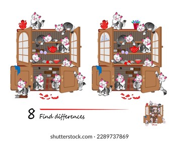 Find 8 differences. Illustration of cute kittens playing in the kitchen. Logic puzzle game for children and adults. Page for kids brain teaser book. Developing counting skills. Vector drawing.