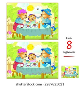 Find 8 differences. Illustration of cute bears family eating breakfast. Logic puzzle game for children and adults. Page for kids brain teaser book. Developing counting skills. Vector drawing.