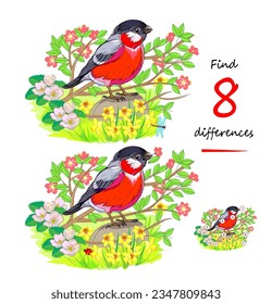 Find 8 differences. Illustration of cute bullfinch in spring garden. Logic puzzle game for children and adults. Page for kids brain teaser book. Task for attentiveness. Vector cartoon drawing.