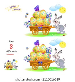 Find 8 differences. Illustration of Easter rabbit with eggs. Logic puzzle game for children and adults. Page for kids brain teaser book. Developing counting skills. IQ test. Play online. Vector image