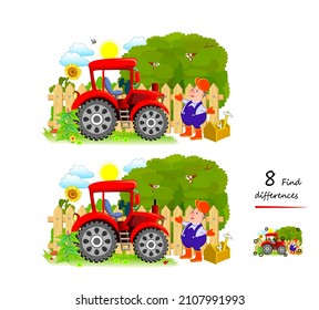 Find 8 Differences. Illustration Of Farmer With Tractor. Logic Puzzle Game For Children And Adults. Page For Kids Brain Teaser Book. Developing Counting Skills. IQ Test. Play Online.