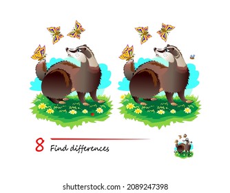 Find 8 differences. Illustration of funny little badger. Logic puzzle game for children and adults. Page for kids brain teaser book. Developing counting skills. IQ test. Play online.