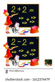 Find 8 differences. Illustration of girl studying math. Logic puzzle game for children and adults. Printable page for kids textbook. Developing counting skills. IQ test. Vector cartoon image.