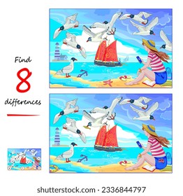 Find 8 differences. Illustration of a girl sitting on the seashore. Logic puzzle game for children and adults. Page for kids brain teaser book. Developing to counting skills. Vector cartoon drawing.