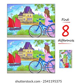 Find 8 differences. Illustration of a girl cycling along the coast of France during summer holiday. Logic puzzle game for children and adults. Page for kids brain teaser book. Flat vector drawing.