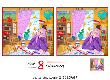 Finde 8 Unterschiede. Illustration einer Oma sitzt in der Nähe des Fensters. Logik-Puzzle-Spiel für Kinder und Erwachsene. Seite für Kinder Gehirn Teaser Buch. Entwicklung zu Zählkünsten. In: Vector Cartoon Drawing.