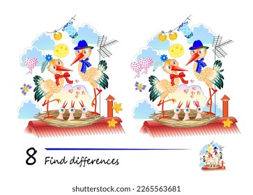 Find 8 differences. Illustration of happy stork family and nest with chicks. Logic puzzle game for children and adults. Page for kids brain teaser book. Developing counting skills. Vector drawing.