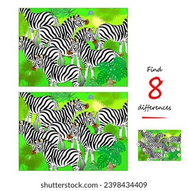 Finden Sie 8 Unterschiede. Illustration der Zebras-Herde. Logic Puzzle Spiel für Kinder und Erwachsene. Seite für Kinder Gehirn Teaser Buch. Aufgabe für Aufmerksamkeit. Vektorgrafik-Zeichnung.