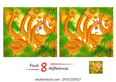Find 8 differences. Illustration of a herd of giraffes in Africa. Logic puzzle game for children and adults. Page for kids brain teaser book. Developing to counting skills. Vector cartoon drawing.