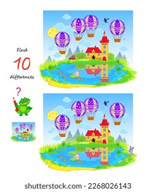 Find 8 differences. Illustration of landscape with lake. Logic puzzle game for children and adults. Page for kids brain teaser book. Developing counting skills. Vector drawing.