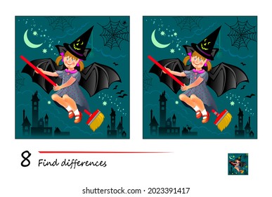 Find 8 differences. Illustration of little girl dreaming about Halloween night. Logic puzzle game for children and adults. Page for kids brain teaser book. Developing counting skills. Play online.