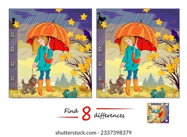 Find 8 differences. Illustration of a little girl walking with puppy. Logic puzzle game for children and adults. Page for kids brain teaser book. Task for attentiveness. Vector cartoon drawing.