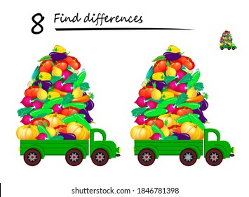 Find 8 differences. Illustration of lorry delivering vegetables. Logic puzzle game for children and adults. Brain teaser book for kids. Play online. Developing counting skills. IQ test.