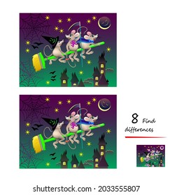 Find 8 differences. Illustration of merry mice celebrating Halloween. Logic puzzle game for children and adults. Printable page for kids brain teaser book. Developing counting skills. Play online.