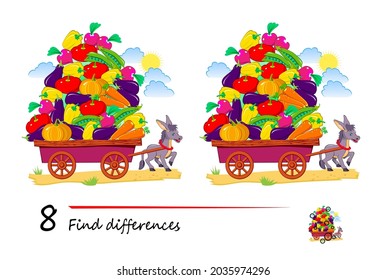 Find 8 differences. Illustration of merry donkey bringing harvest of vegetables. Logic puzzle game for children and adults. Page for kids brain teaser book. Developing counting skills. Play online.