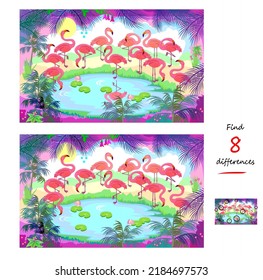 Find 8 differences. Illustration of pink flamingos in the evening jungle. Logic puzzle game for children and adults. Page for kids brain teaser book. Developing counting skills. Vector drawing.