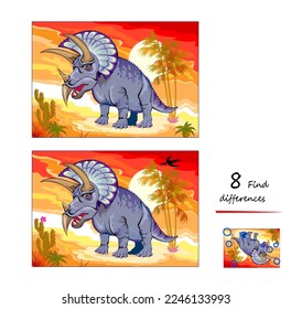 Find 8 differences. Illustration of prehistoric extinct dinosaur triceratops. Logic puzzle game for children and adults. Page for kids brain teaser book. Developing counting skills. Vector drawing.