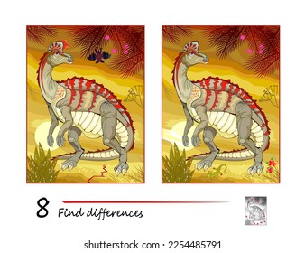 Find 8 differences. Illustration of prehistoric extinct dinosaur corythosaurus. Logic puzzle game for children and adults. Page for kids brain teaser book. Developing counting skills. Vector drawing.