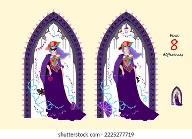 Encuentra 8 diferencias. Ilustración de princesa yendo a la fiesta de carnaval. Juego de rompecabezas lógico para niños y adultos. Página para niños libro teaser de cerebro. Desarrollando habilidades de conteo. Dibujo vectorial plano.