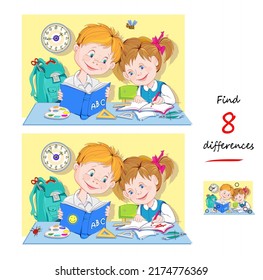 Find 8 differences. Illustration of pupils learning at school. Logic puzzle game for children and adults. Page for kids brain teaser book. Developing counting skills. Play online. Vector image.