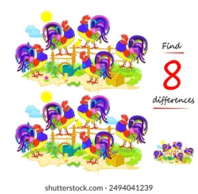 Encuentra 8 diferencias. Ilustración de gallos en una granja. Juego de rompecabezas de lógica para niños y adultos. Página educativa para el libro de rompecabezas. Dibujo de Vector. Hoja de actividades para niños.