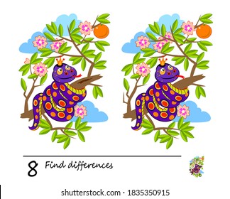 Find 8 differences. Illustration of a snake in the tree. Logic puzzle game for children and adults. Brain teaser book for kids. Play online. Developing counting skills. IQ test.