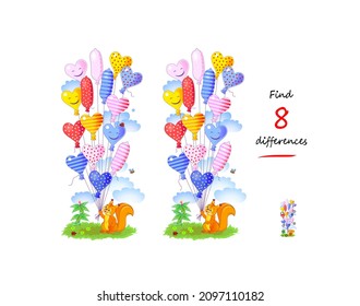 Find 8 differences. Illustration of squirrel holding balloons. Logic puzzle game for children and adults. Page for kids brain teaser book. Developing counting skills. IQ test. Play online.